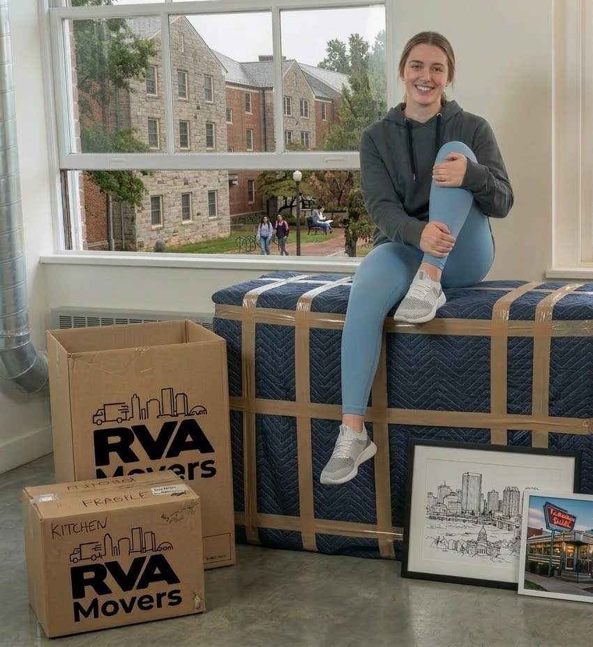 Happy customer sitting on professionally wrapped furniture with RVA Movers branded boxes in a Richmond dorm room