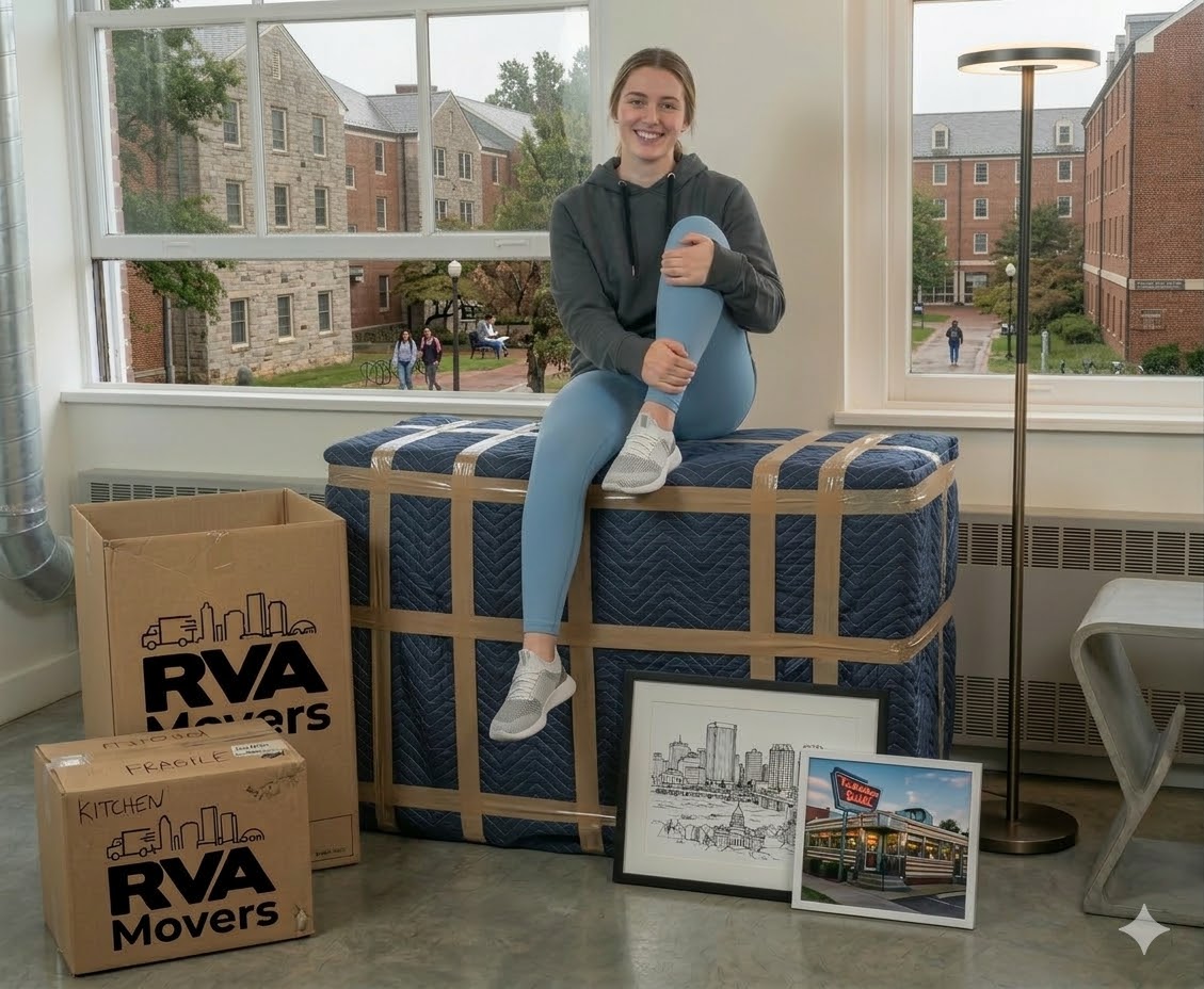 Happy customer sitting on professionally wrapped furniture with RVA Movers branded boxes in a Richmond dorm room