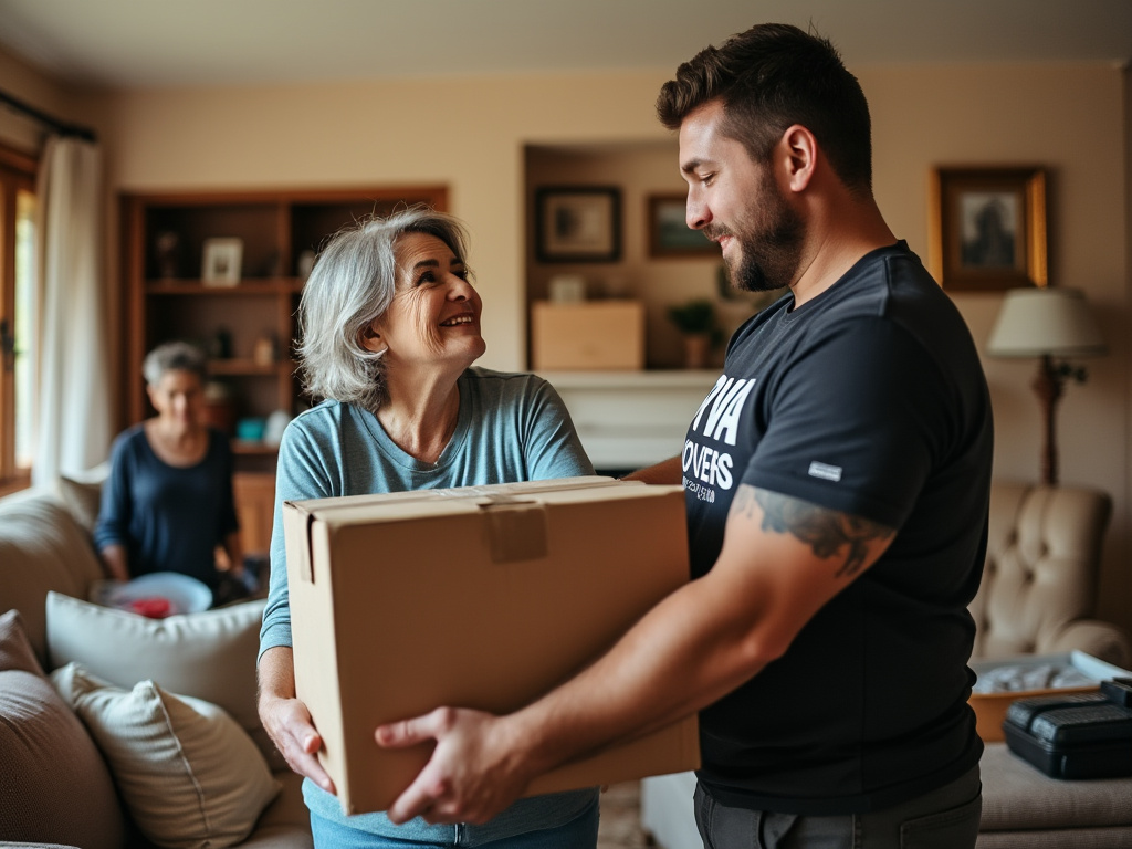 RVA Movers team member carefully handing box to senior customer
