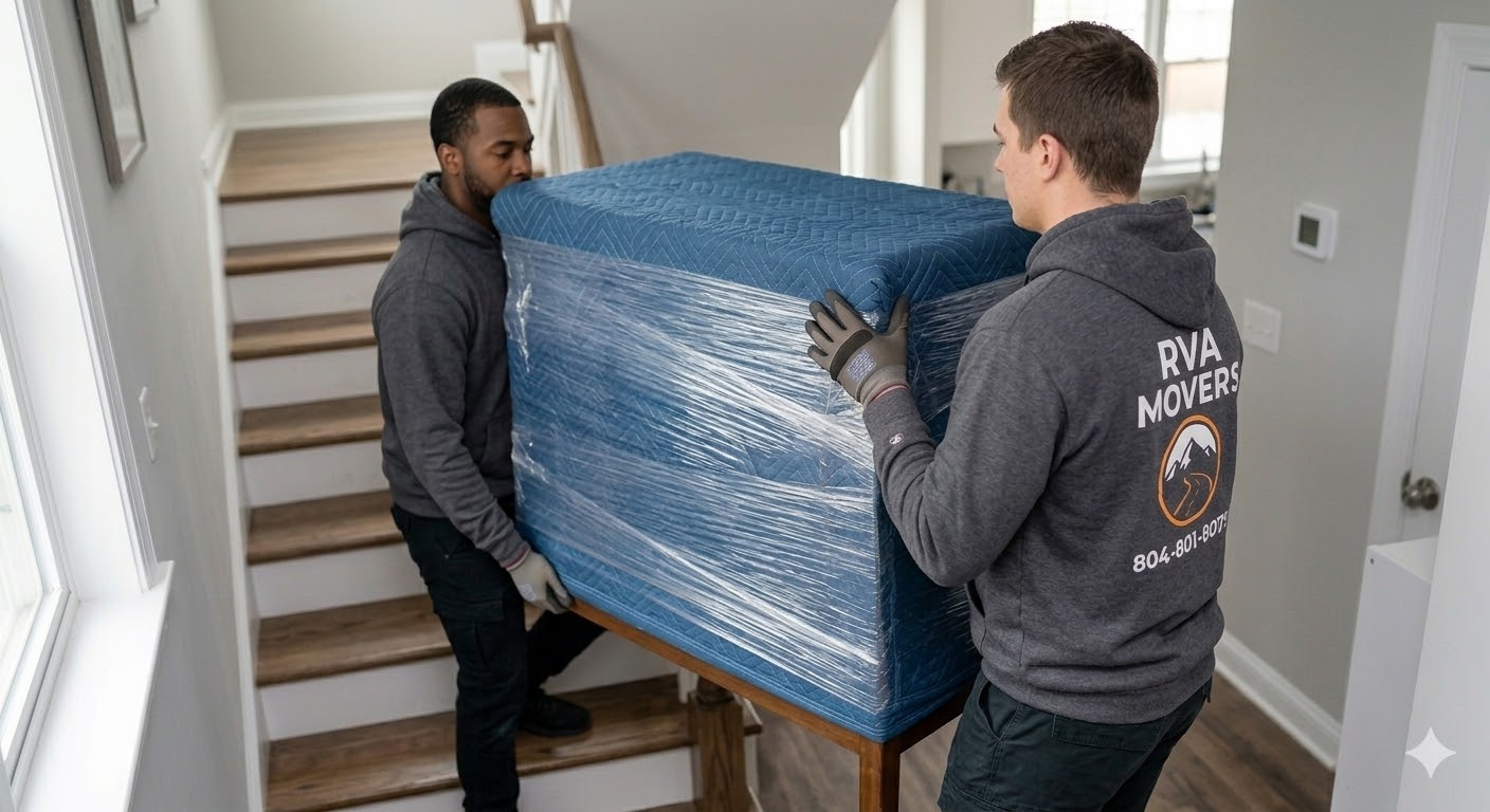 RVA Movers crew carrying furniture during an apartment move